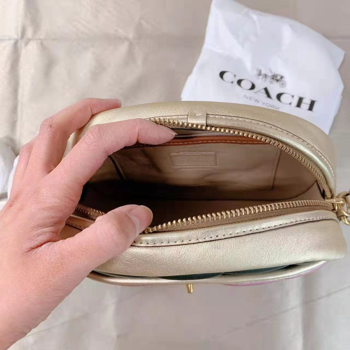 Coach C6619 Small Camera Bag With Colorblock Quilting In Brass/Metallic Pink Multi Coach C6619 Small Camera Bag With Colorblock Quilting In Brass/Metallic Pink Multi